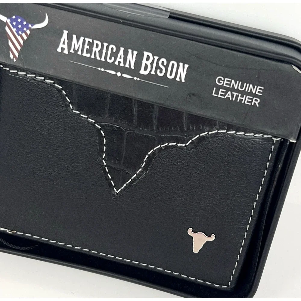 American Bison Genuine Leather Wallet Black Croc Embossed Bifold Metal Logo NEW
